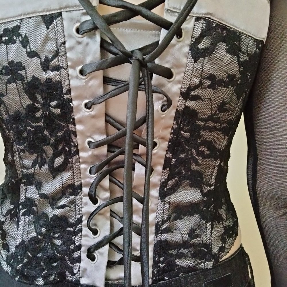 Aggie Black Lace Hook and Eye Corset Bustier top with mesh sleeves - Picture 3 of 13